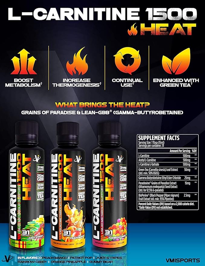 VMI Sports L-Carnitine 1500 Heat Stimulant Free Thermogenic Metabolic Support & Fat Loss for Men & Women | 1500mg L-Carnitine | Convenient Liquid (Patriot Pop)