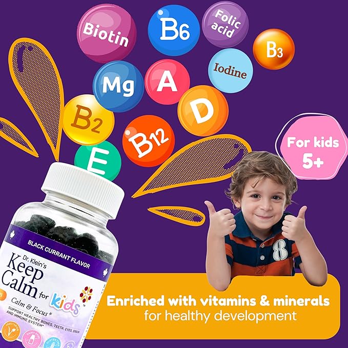 Dr. Klein's Keep Calm Kids Gummies L-Theanine & Chamomile Extract - Supports Focus, Attention, & Alertness of Kids Ages 5+ - Calming Chews Vitamins & Minerals for Kids - Black Currant Sugar-Free 30ct