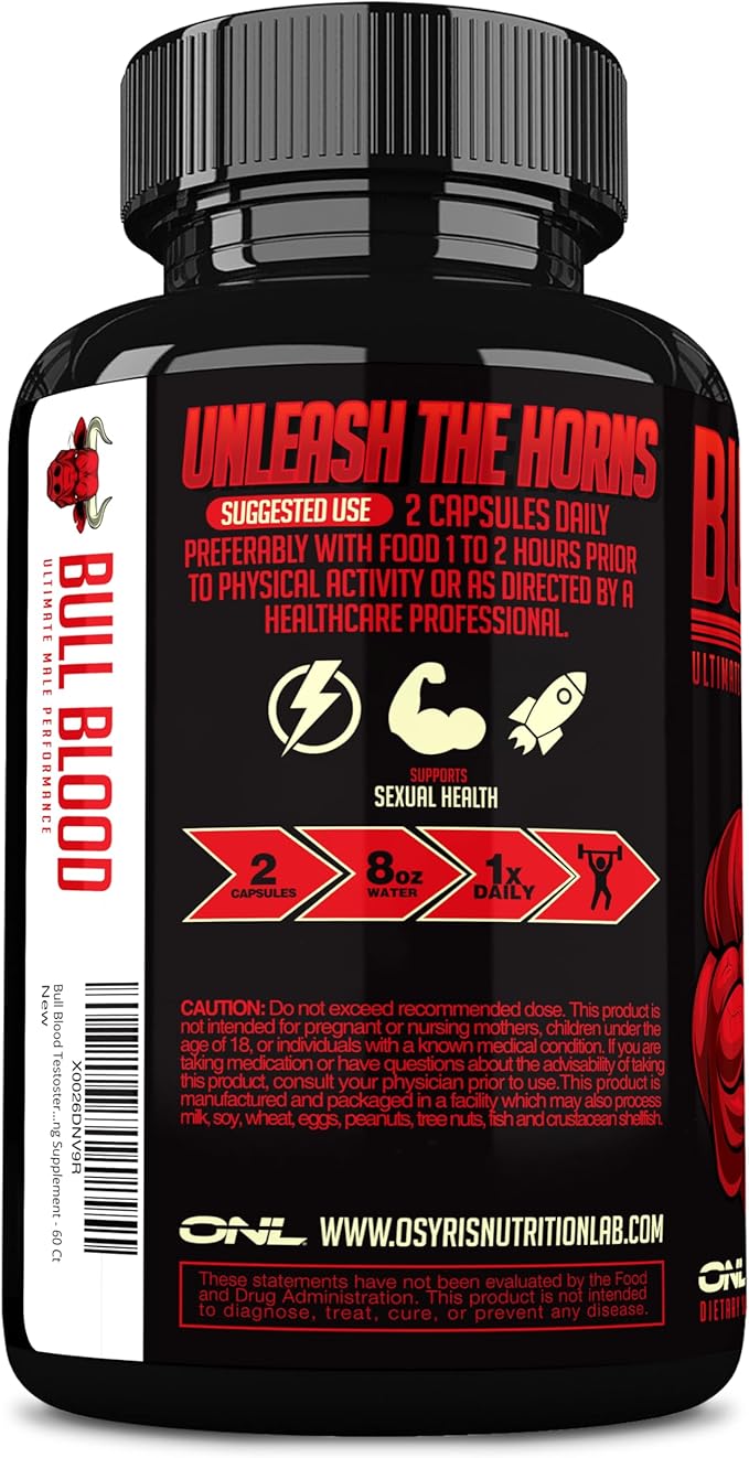 Bull Blood Testosterone Booster for Men - Testosterone Supplement for Stamina & Endurance - Maca Root, Horny Goat Weed, Tribulus Terrestris Extract & Tongkat Ali - Male Enhancing Supplement - 60 Ct