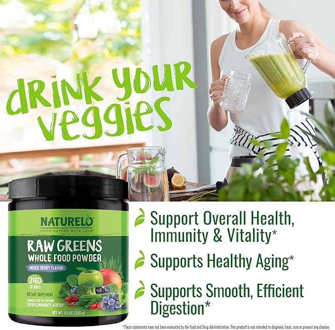 NATURELO Raw Greens Superfood Powder - Mixed Berry - Boost Energy, Detox, Enhance Health - Organic Spirulina - Wheat Grass - Whole Food Nutrition from Fruits and Vegetables - 240 Grams
