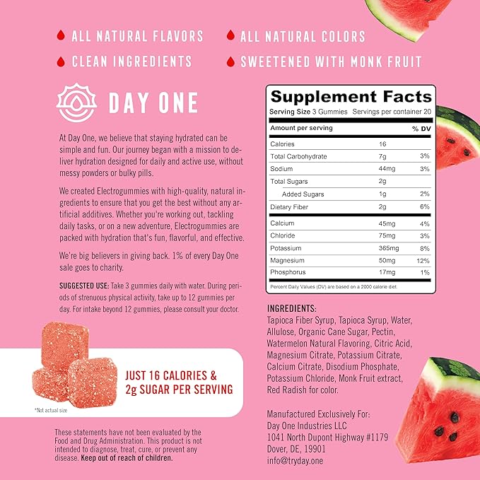 Day One ElectroGummies – Electrolyte Hydration Gummies – Ideal to Boost Hydration & Energy – Supplement for Post & Pre Workout – for Men, Women, Kids – Extra Sour Watermelon Flavored – 60 Gummies