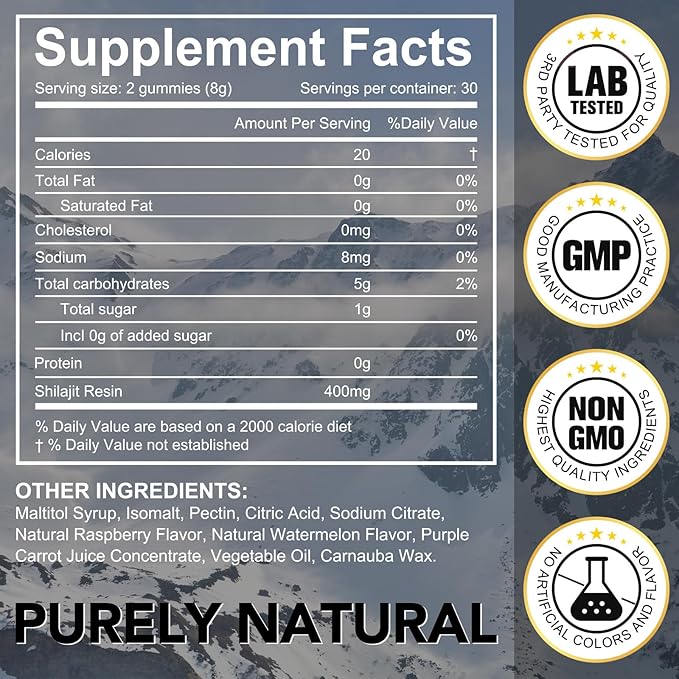 Shilajit Gummies, Pure Shilajit Himalayan, Rich in 85 Micronutrients, Himalayan Shilajit Gummies Shilajit for Men, Suitable for Men and Women, No Added Sugar Non-GMO, 100% Natural Organic, 60 Gummies