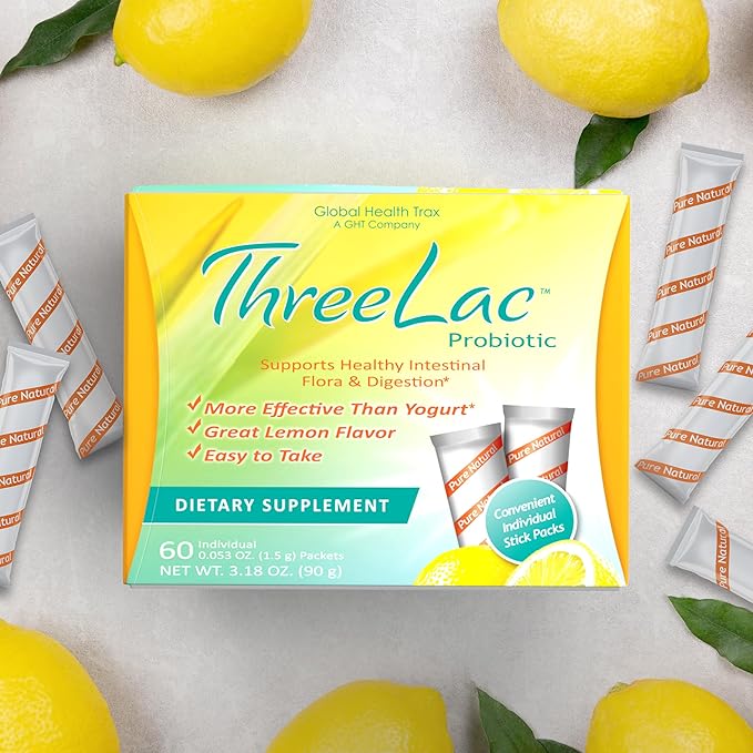 ThreeLac Lemon Probiotic Drink Mix for Digestive Health - Advanced Probiotic Powder Formula for Men, Women, and Kids - Immune Support & Gut Balance, Non-GMO - 120 Packets
