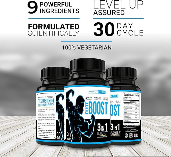 Maximum Slim Elite Boost 3 in 1 Formula Naturally Promotes Testosterone Libido, Energy,Muscle Mass & Stamina, Powerful Ingredients Veggie Capsules