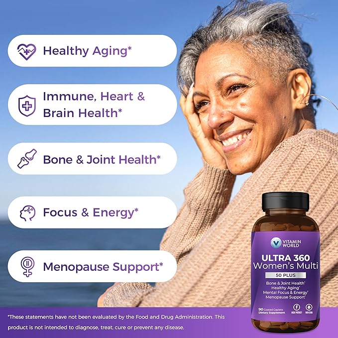 Vitamin World Ultra 360 Multivitamin for Women 50 Plus, Women's 50+ Multivitamin with Minerals & Herbs for Menopause Support, Supplement with Vitamin B, D, E & Zinc for Healthy Aging, 90 Caplets