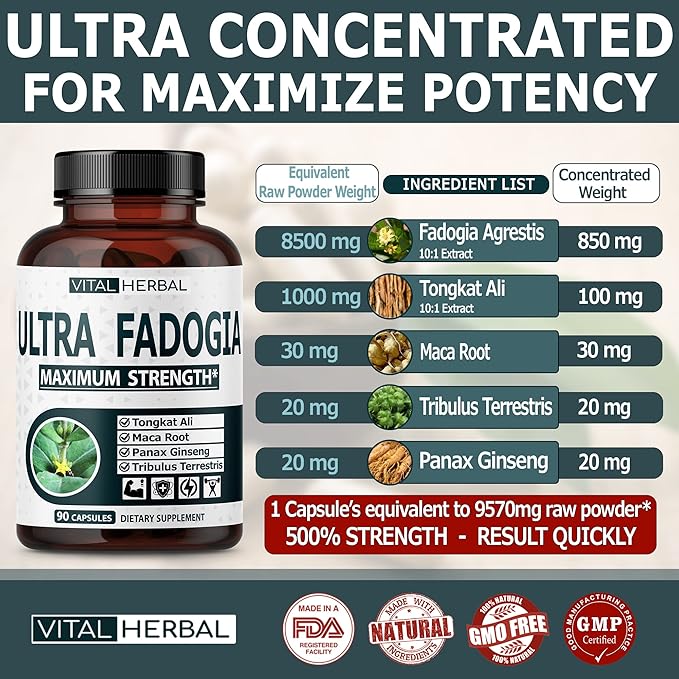 Ultra Fadogia Agrestis 10:1 Extract with Tongkat Ali Capsules - Equivalent to 9570 mg - Maximum Strength with Ginseng Maca Root Tribulus - Boost Energy Muscle Buider (90 Count (Pack of 1))