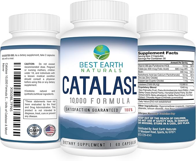 Best Earth Naturals Catalase Supplement 10,000 with Saw Palmetto, Biotin, Fo-Ti, PABA - Hair Supplements for Strong Hair - 60 Capsules