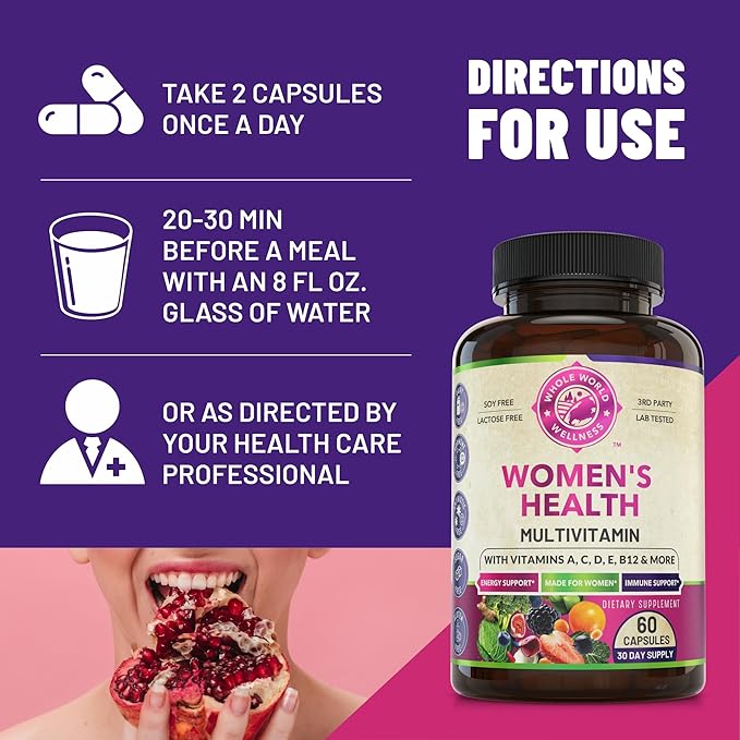 Womens Daily Multivitamin Multimineral Supplement for Energy, Mood, Focus, Hair, Skin & Nails. Made for Women with 30+ Nutrients, Fruit & Energy Blend. Womens Vitamins 60 Capsules