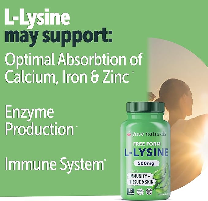 Yuve L-Lysine 500 mg Essential Amino Acid - Immune, Cold Sores & Collagen Synthesis Support - Maintain Healthy Arginine Levels & Optimal Calcium Absorption - Vegan, Gelatin-Free, Non-GMO - 50 Capsules