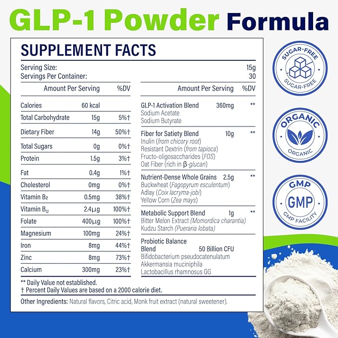 GLP-1 Supplement, GLP1 Supplements Women, GLP-1 Powder 1500MG with Akkermansia Muciniphila Probiotic & High Fiber for Energy, Digestion, Gut, Overall Health, 6 Pack