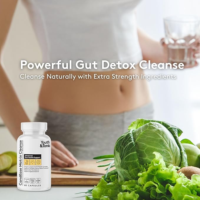 Youth & Tonic CandEase Cleanse Matrix – Overgrowth Support & Gut Health, Intestinal Flora Balance & Body Detox Complex with Oregano, Caprylic Acid, Digestive Enzymes, Probiotics, 60 Pills, Women & Men