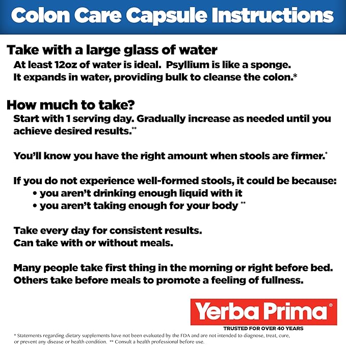 Yerba Prima Prebiotic Colon Care Capsules Dietary Fiber, 180 Count, (Pack of 2) - Five Forms of Fiber Plus FOS Prebiotics Supplement - Soluble & Insoluble for Regularity & Digestive Support