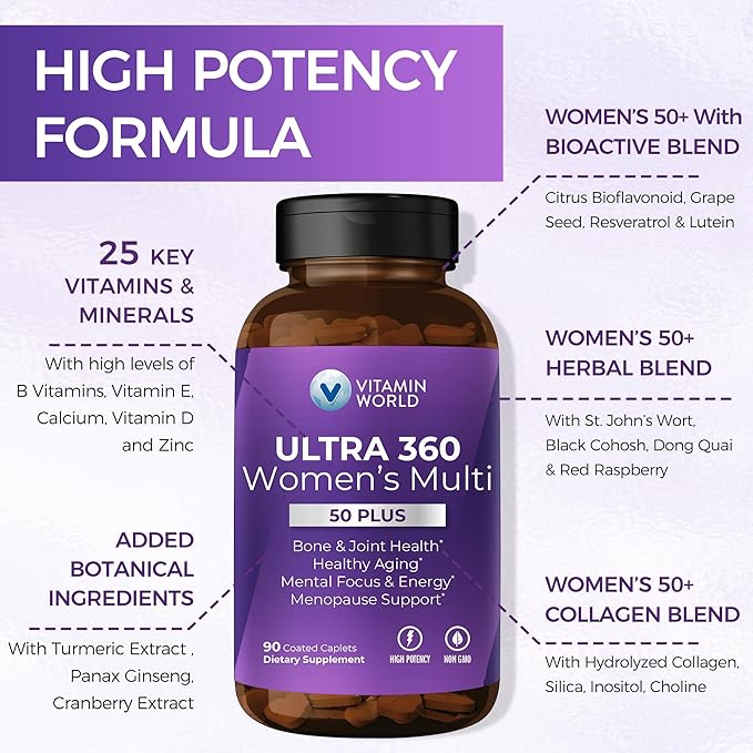 Vitamin World Ultra 360 Multivitamin for Women 50 Plus, Women's 50+ Multivitamin with Minerals & Herbs for Menopause Support, Supplement with Vitamin B, D, E & Zinc for Healthy Aging, 90 Caplets