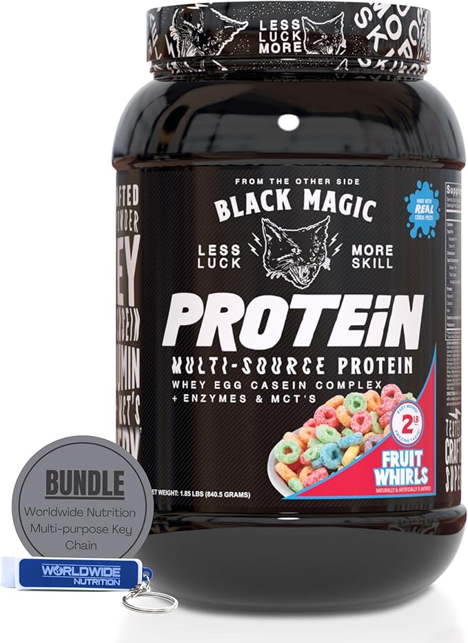 Worldwide Nutrition Black Magic Multi-Source Protein Powder - Whey, Egg Albumin Enzymes, Micellar Casein & MCTs - Muscle Mass Gaining - Fruit Whirls Flavor - 2 LB with Bonus Multi Purpose Key Chain
