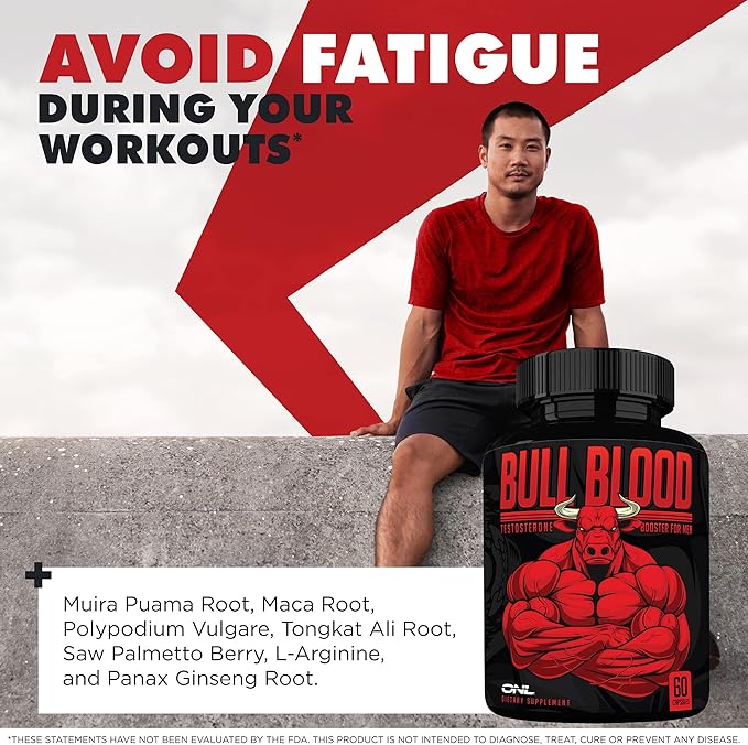 Bull Blood Testosterone Booster for Men - Testosterone Supplement for Stamina & Endurance - Maca Root, Horny Goat Weed, Tribulus Terrestris Extract & Tongkat Ali - Male Enhancing Supplement - 60 Ct