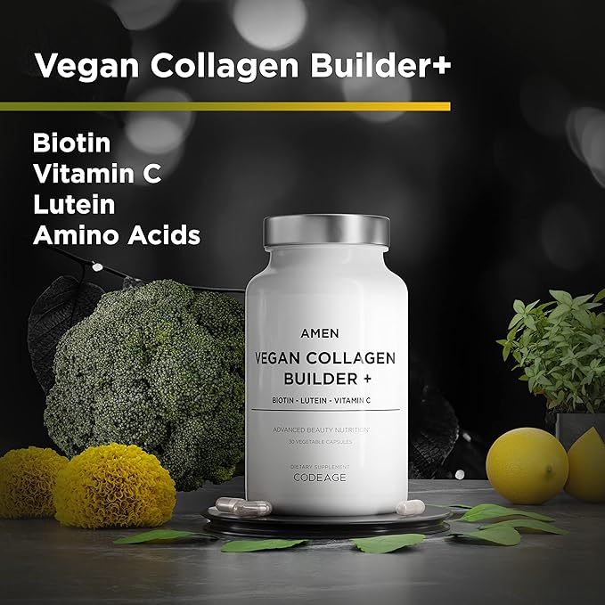 Amen Plant-Based Vegan Collagen Builder Supplement - Organic Whole Foods, Lutein, Vitamin C, Biotin, Lysine, Proline Collagen Boosters - Organic Cranberry, Lemon, Strawberry - Once A Day - 30 Capsules