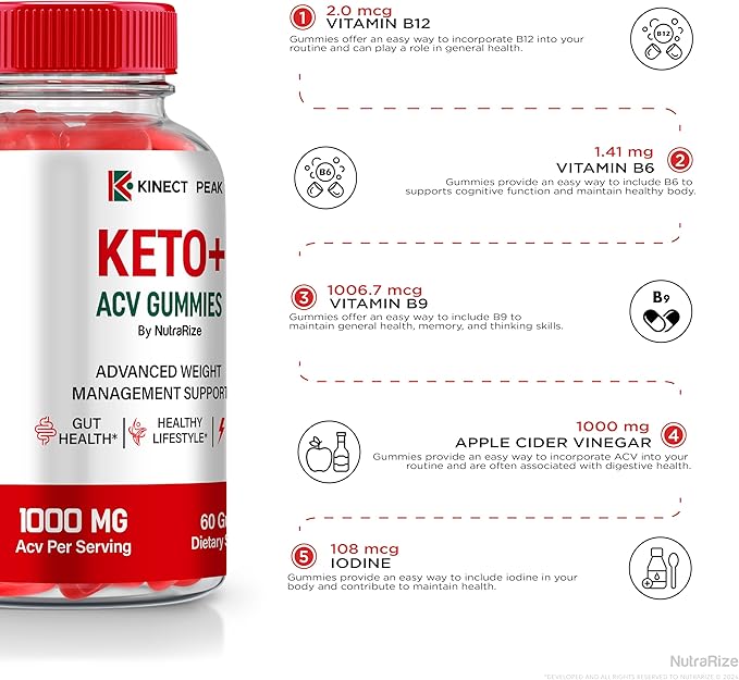 (2 Pack) Kinect Peak Keto ACV Gummies, KinectPeak Keto + ACV Supplement, All Natural Keto Plus Apple Cider Vinegar, Premium 1000MG Formula Plus Vitamins, Official Gomitas Reviews (120 Gummies)