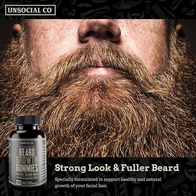 Extra Strong Beard Growth Vitamins Gummies | Biotin 10000 MCG | Promotes Facial Hair Growth for Men | Biotin Beard Grow Gummies | Strong & Thick Beard Growth Gummies for Men | Strawberry