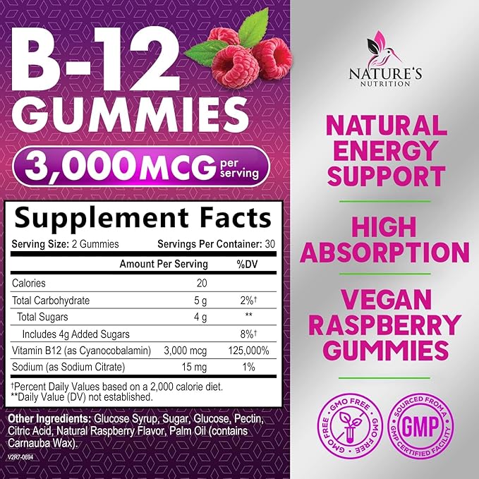 B12 Gummies, Extra Strength Energy 3000 mcg Vitamin B12, B-12 Energy Metabolism & Immune System Support, Chewable Supplement for Adults & Kids, Caffeine Free, Berry Flavored Gummy, Vegan - 60 Count