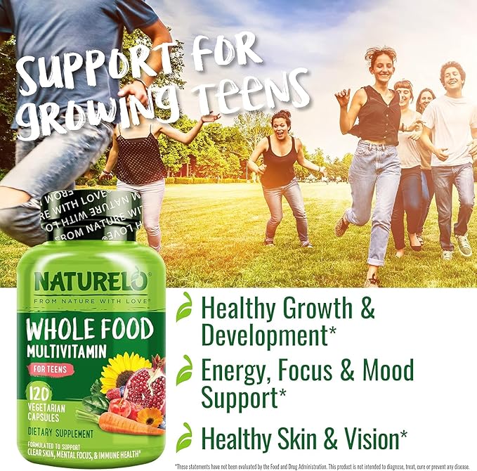 NATURELO Whole Food Multivitamin for Teens - with Vitamins & Minerals for Teenage Boys & Girls - Supplement for Active Kids - Non-GMO - Vegan & Vegetarian - 120 Capsules