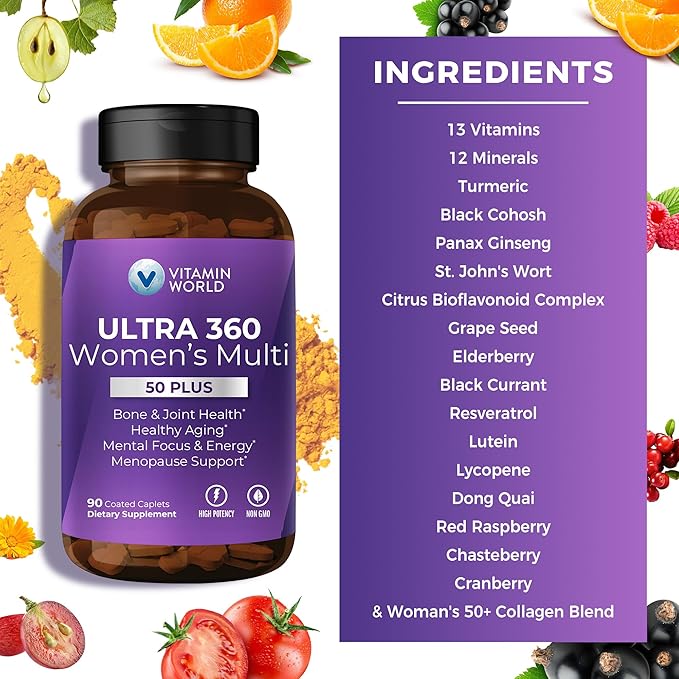 Vitamin World Ultra 360 Multivitamin for Women 50 Plus, Women's 50+ Multivitamin with Minerals & Herbs for Menopause Support, Supplement with Vitamin B, D, E & Zinc for Healthy Aging, 90 Caplets