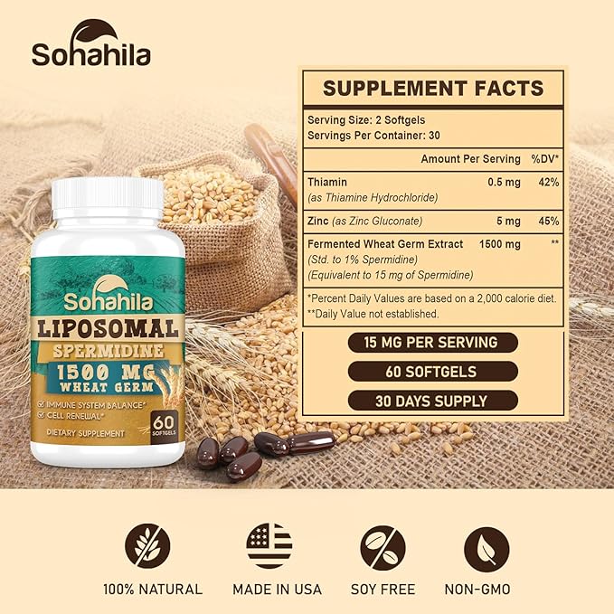 Spermidine Supplement 15 MG - 99% Purity, High Absorption, 1500 mg Fermented Wheat Germ Extract with Zinc & Thiamin, Spermidine for Men & Women - Cellular Renewal, Aging Defense, Energy, 240 Softgels