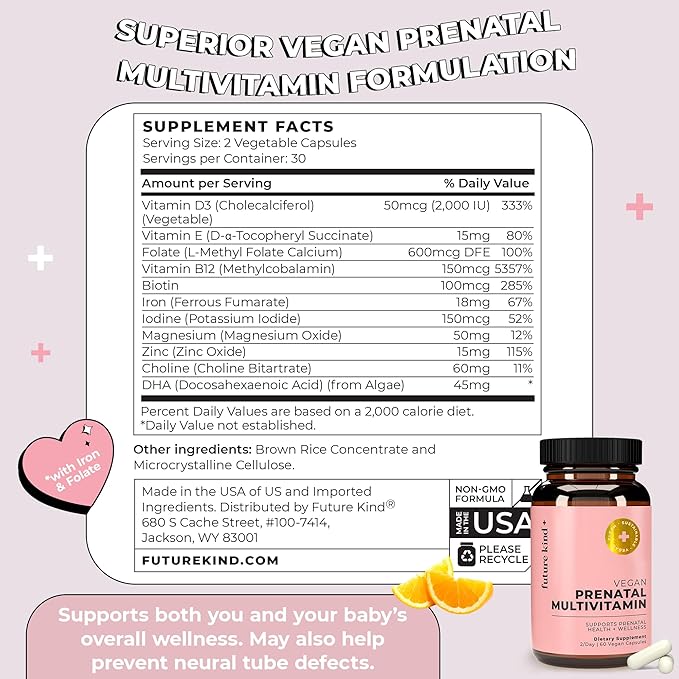 Future Kind Vegan Prenatal Vitamin - (60ct) Prenatal Vitamins with DHA & L-MethylFolate in Glass Bottle - Prenatal Folate Supplement for Women with Vitamin D & E, Iron, Biotin, Gluten-Free & Non-GMO