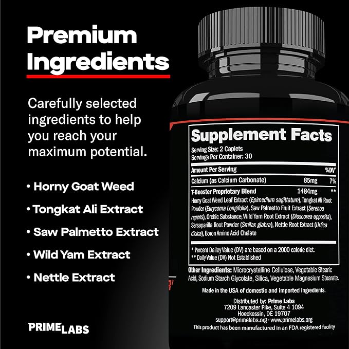 Prime Labs - Men's Testosterone Booster (2 Pack) - Stamina, Endurance, & Strength Booster - 120 Caplets