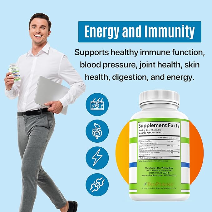 100% Pure Sea Moss, Organic Superfood - Irish Seamoss, Bladderwrack, Burdock Root - Supports Healthy Immune, Blood Pressure, Joint, Skin, Digestion, Energy - 60 Sea Moss Capsules