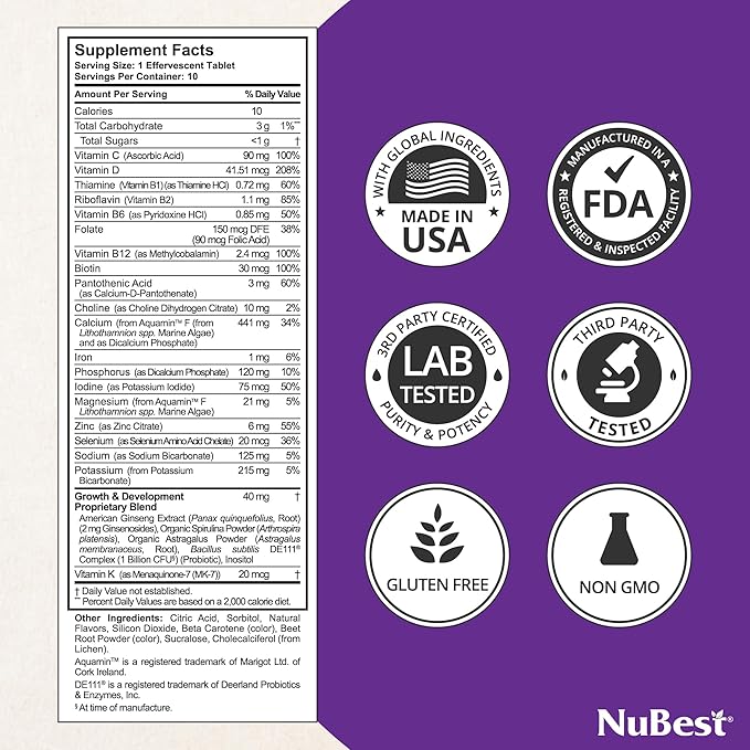 NuBest Tall Fizzy - Bone Strength, Immunity, Digestive Health for Kids & Teens | Probiotic, Calcium, Magnesium from Red Marine Algae, Vitamin D3, K2 & Zinc | 30 Orange Effervescent Tablets - Ages 4+