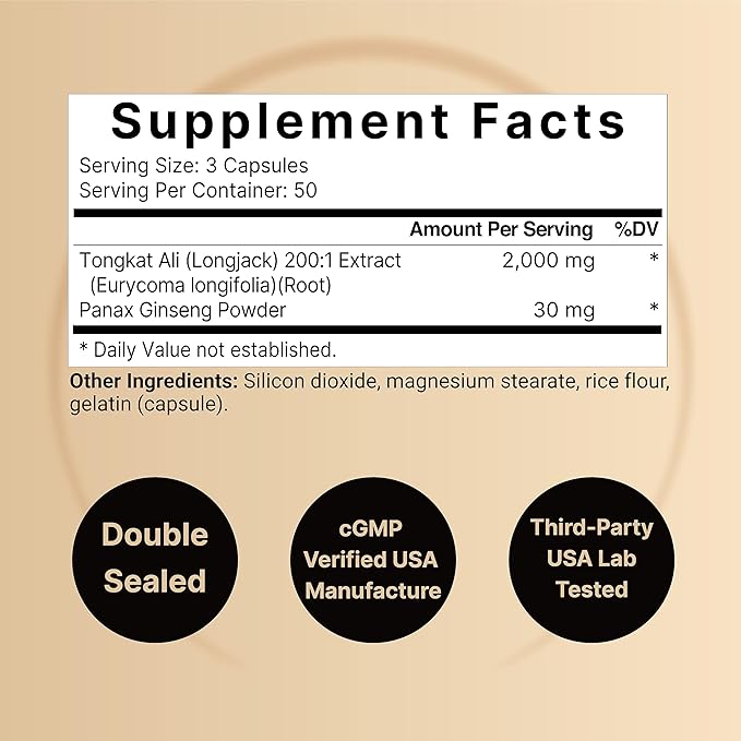 Tongkat Ali 200:1 (Longjack) Extract for Men, 2000mg Per Serving, Indonesia Origin, Eurycoma Longifolia | with Panax Ginseng for Energy, Stamina, & Male Health Support (150 Count (Pack of 2))