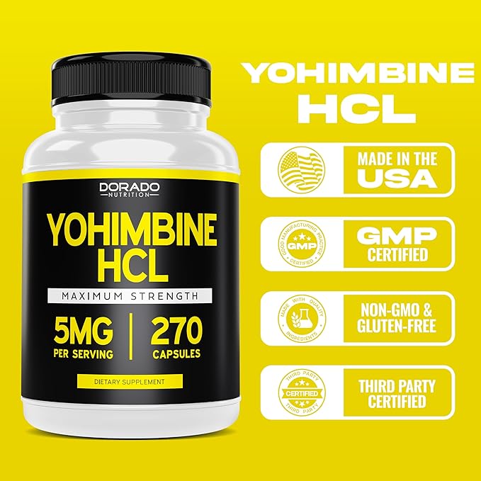 Yohimbine HCL 5mg For Men and Women (270 Capsules) - More Potent Than Yohimbe Bark Extract - Gluten Free & Non-GMO - USA Made - Quality Guarantee - Third Party Tested for Potency & Purity