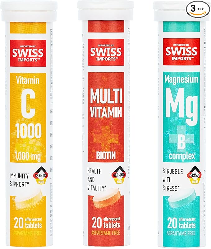 Effervescent Variety Pack with Vitamin C 1000mg, Magnesium + B Complex, Multivitamin + Biotin, 3-Pack, 60 Tablets