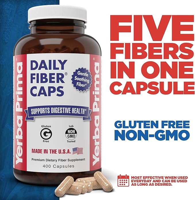 Yerba Prima Daily Fiber Caps Formula 400 Capsules (Pack of 2) - Both Soluble/Insoluble Fiber with Psyllium Seed Husks, Acacia Gum, Apple Fiber Supplement
