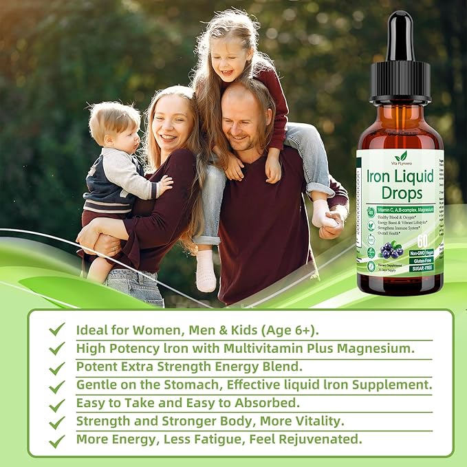 2 Pack Liquid Iron Supplement for Women Men & Kids, Vegan Iron Drops with Vitamin C D, B12, B-Complex, High Potency Liquid Iron with Multivitamin for Anemia, Energy Support, Magnesium Iron Gentle