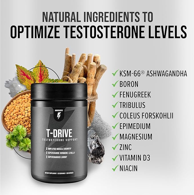 InnoSupps : T-Drive | Testosterone Booster | Amplify Muscle Growth | KSM-66 Ashwagandha, Boron, Fenugreek | 90 Capsules