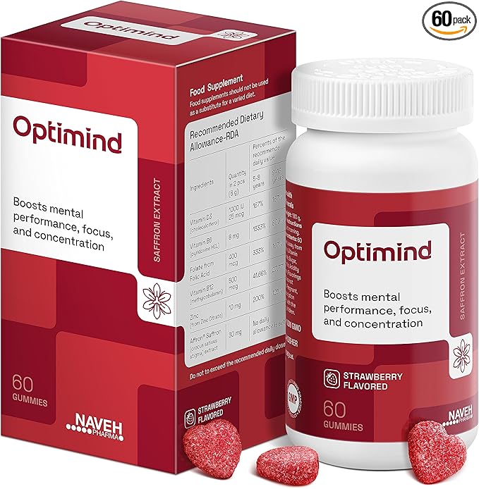 NAVEH PHARMA® OptiMind - Focus Supplement | Natural Supplements for Kids | 30 MG Saffron Supplements: Kids Vitamins and Memory Supplement for Brains | Mood Support | 60 Calm Gummies (Strawberry)