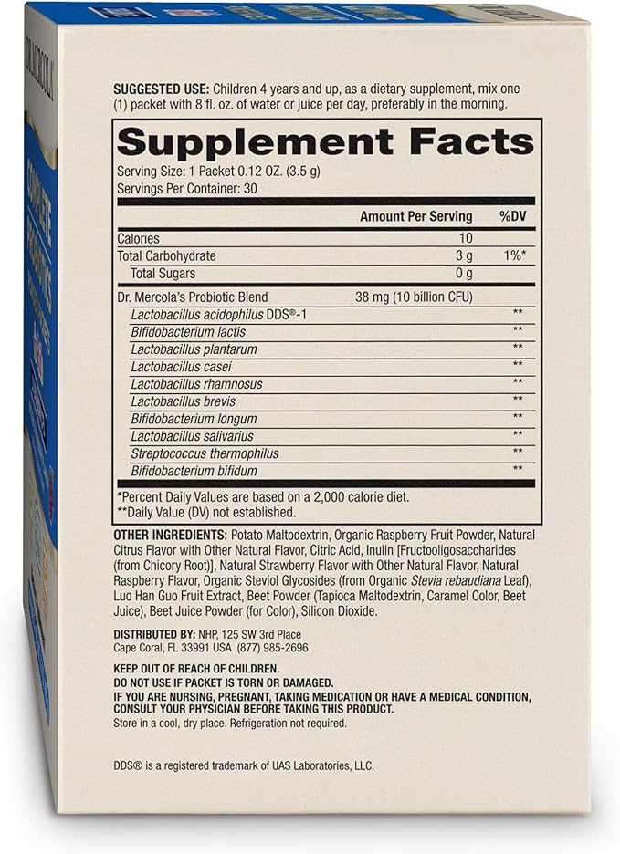 Dr. Mercola, Complete Probiotics Powder Packets for Kids, 30 Servings (30 Packets) (10 Billion CFU), Supports a Healthy Gut, Non GMO, Soy Free, Gluten Free