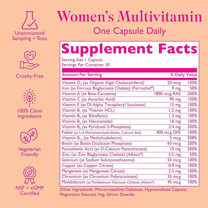 Women's Multivitamin - 19 Targeted Vitamins & Nutrients for Women - Supports Hair, Skin & Nails, Cognitive Health, Focus, & Heart Health - 1 Vegan Capsule Daily, 30 Day Supply