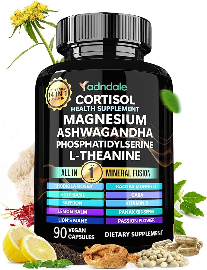 14-in-1 Cortisol Health Supplement with Ashwagandha, Magnesium Glycinate, Rhodiola, L-Theanine, Holy Basil & More. Cortisol Supplements for Women Support Stress Management & Stamina. 90 Capsules.