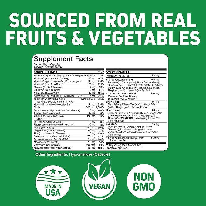 Whole Food Multivitamin for Adults | Multivitamins for Men & Women | Superfoods, Real Raw Veggies, Fruits, Vitamin E, A, B Complex | Vegan Non-GMO 120 Vegetarian Capsules