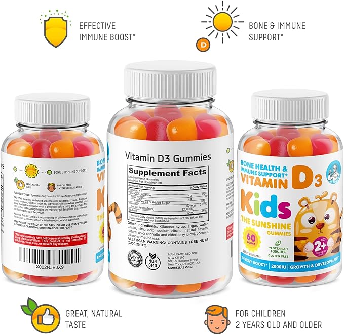 Vitamin D3 Gummies for Kids & Adults 2000 IU - High-Absorption Natural Vitamin D Kids Gummies Supplements 1000IU - Vegetarian Gelatin-Free Immune Support D3 Gummies for Adults & Children (60 Count)