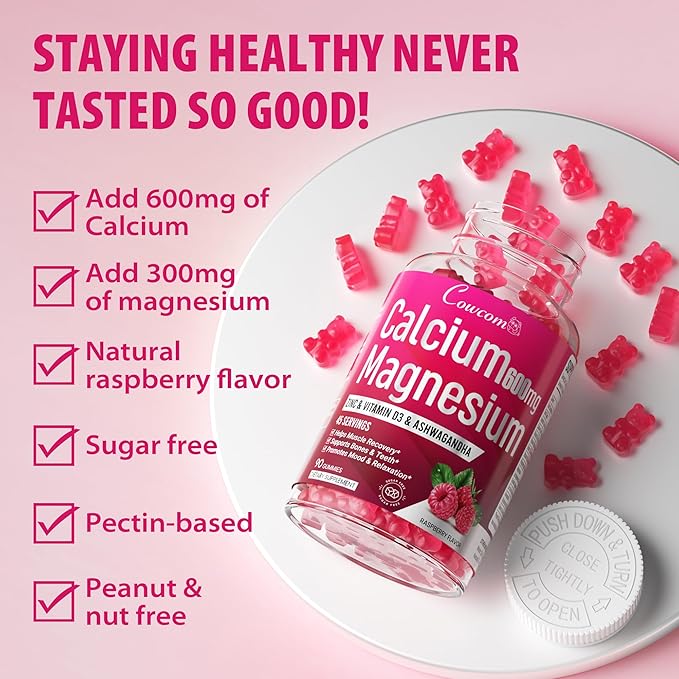 Calcium Magnesium Zinc Gummies Sugar-Free with Vitamin D3 B6 B12,High Absorption Calcium Magnesium Supplement,Bone, Muscles,Calm Mood,Sleep Support for Kids adults,90 Count Vegan Raspberry Flavor