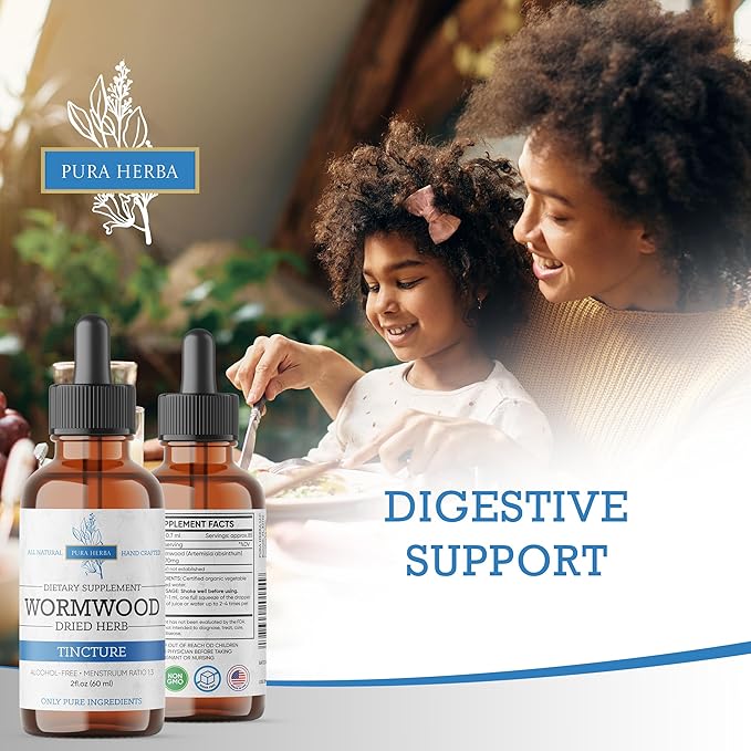 Wormwood Organic Tincture - Herbal Supplement for Digestive Health and Gut Support - Natural Cleanse - Alcohol-Free, Made in USA, 2 Fl Oz