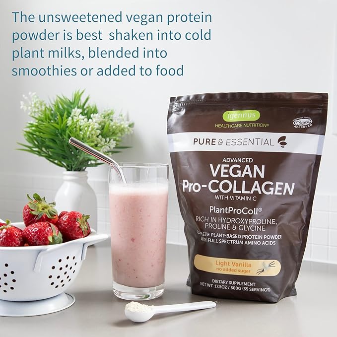 Advanced Vegan Vanilla Collagen Peptide Powder, Enhanced with Glycine, Proline & Hydroxyproline & Cofactor Vitamin C, Non GMO, Vegetarian Plant Based Collagen Powder Booster, 140 Servings, by Igennus