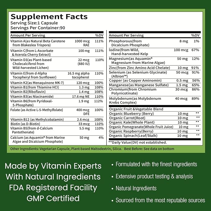 One Daily Multivitamin for Men - with Vitamins & Minerals + Organic Whole Foods, Supplement to Boost Energy, General Health - Non-GMO - 90 Capsules | 3 Month Supply