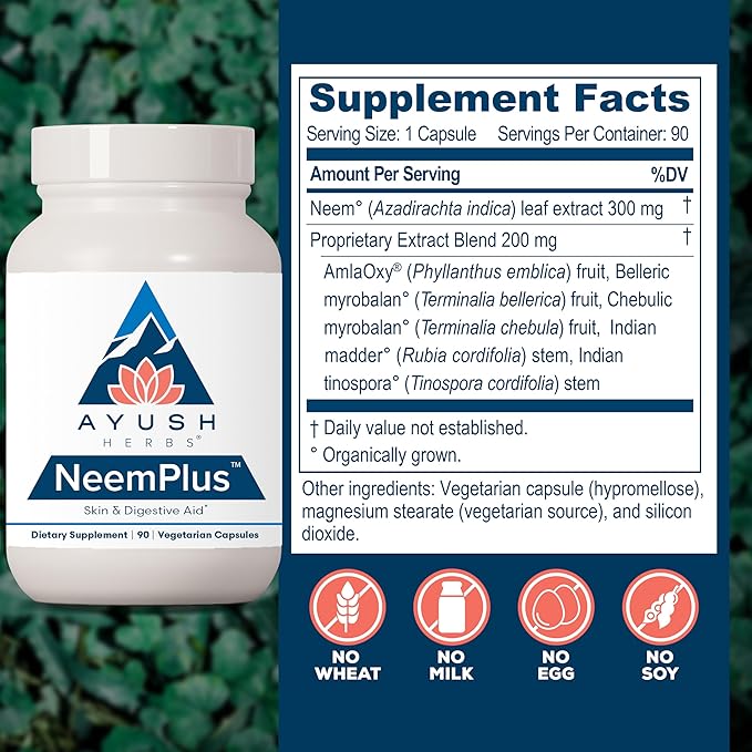 Ayush Herbs Neem Plus - Digestive Health for Women & Men, Gut Support Supplement for Stomach & Skin Health, Immune Support - 90 Vegetarian Capsules (1 Count)
