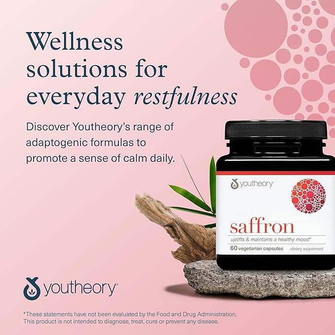 Youtheory Saffron - Vegan Energy Supplement for Men & Women* - Contains Rhodiola Rosea & Ashwagandha - Dairy, Soy & Gluten Free - 60 Vegetarian Capsules