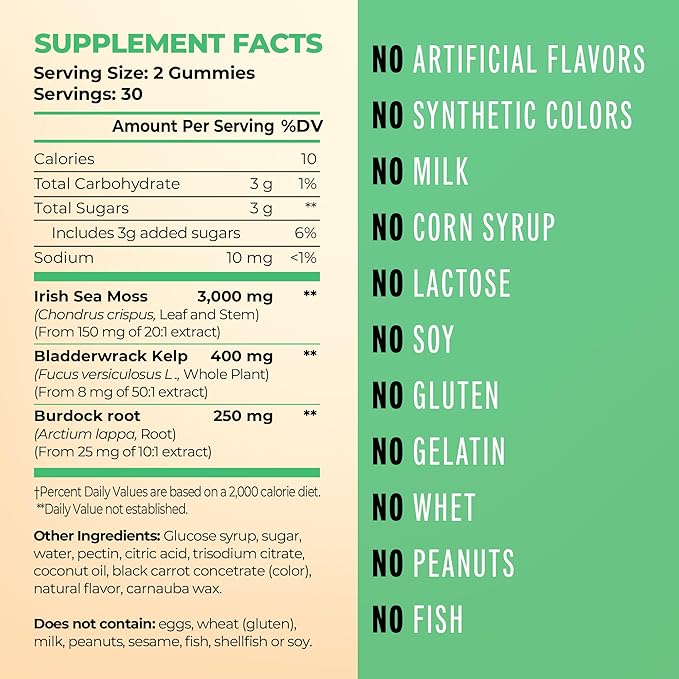 Natural Sea Moss Gummies – Contains Irish Sea Moss + Burdock Root + Bladderwrack – 60 Gummies for Stronger Immune, Healthier Skin & Hair, Detox – Great for Kids & Adults, Made in USA (5)