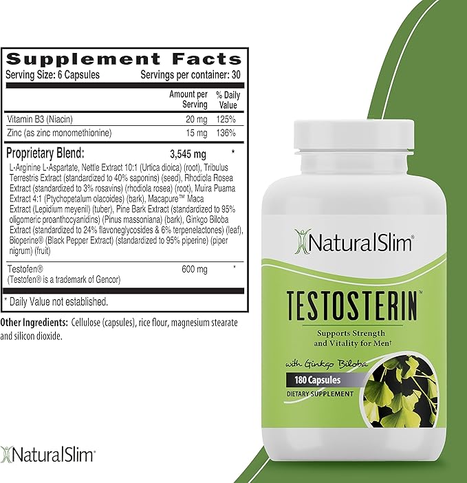 NaturalSlim Testosterin Mens Multivitamins Testosterone Booster - Testosterone Supplement with Vitamin B3, Zinc, Proprietary Blend & Testofen for Muscle Support, Stamina & Metabolism - 180 Capsules